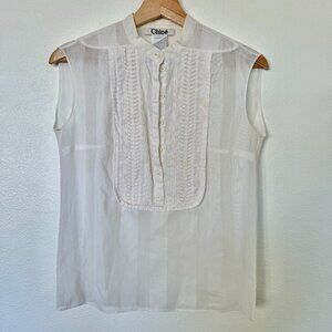 CHLOÉ Blouse White Sheer Ruffle Front Sleeveless Cotton Small